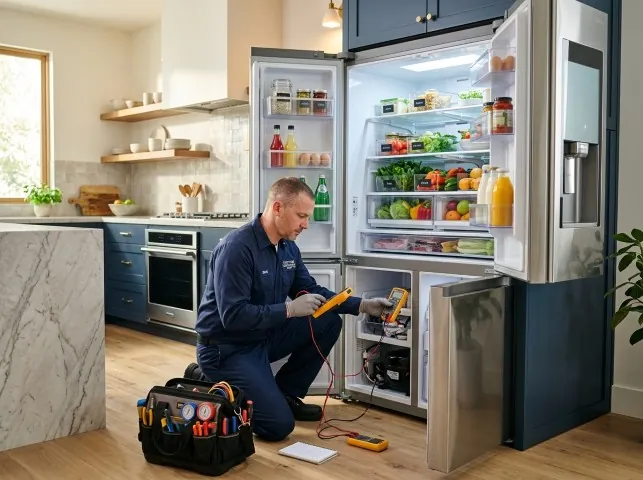 Appliance Repair Hero refrigerator technician testing a fridge on a Bedford, MI service call